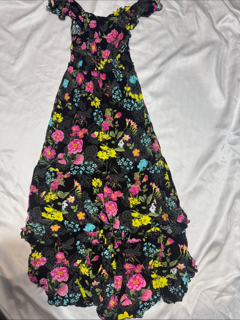 Betsey Johnson Black Maxi Skirt with Pink, Yellow & Aqua Floral Print